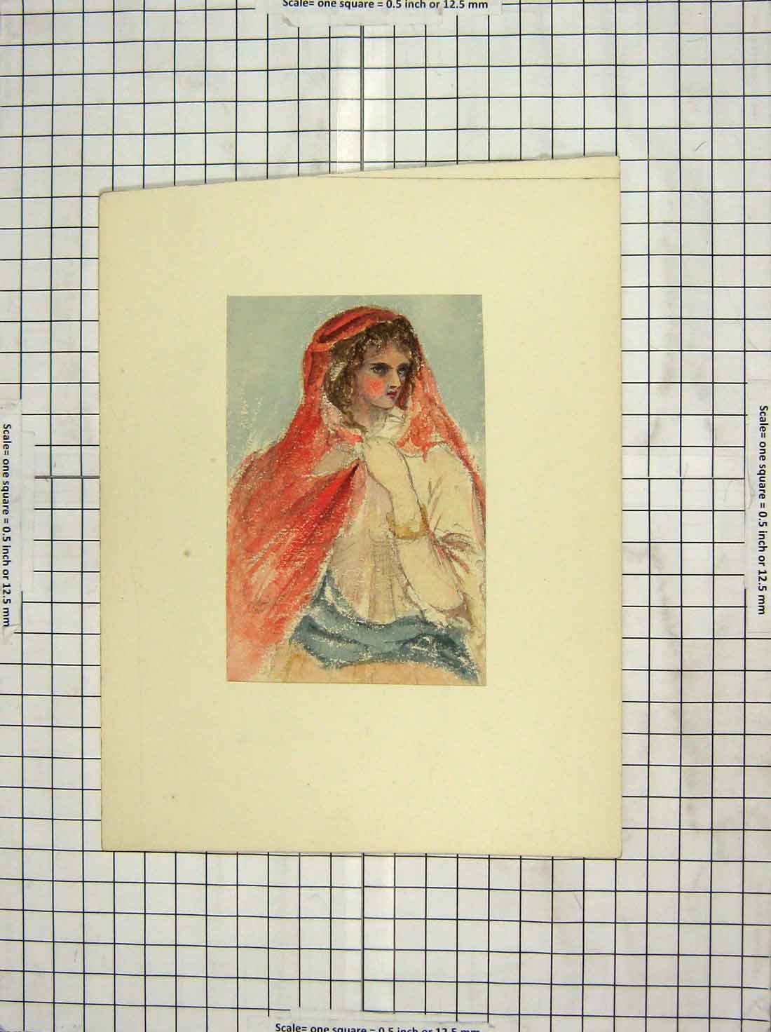 Original Old Antique Print Colour Painting Beautiful Lady Woman Scarf