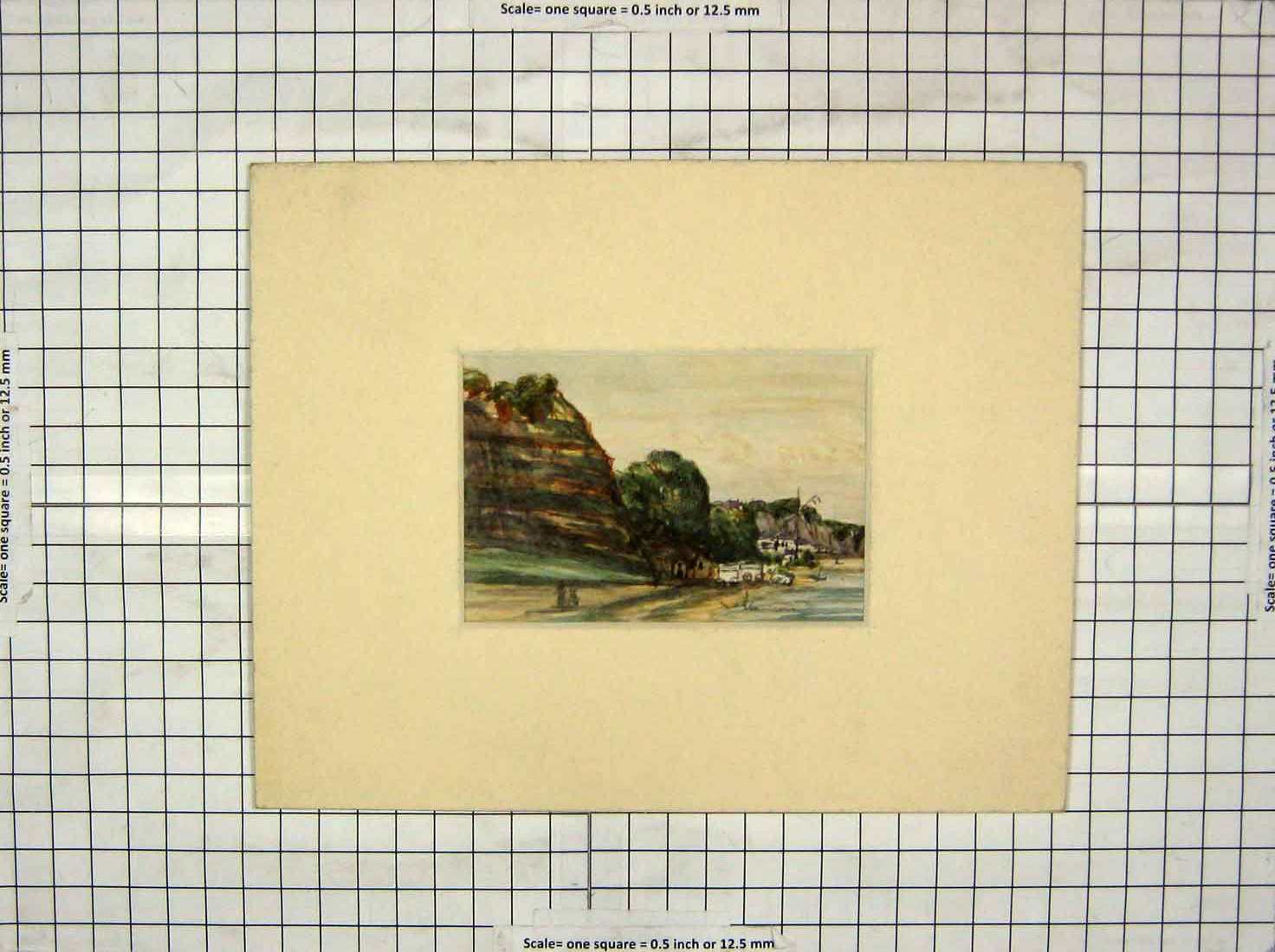 Original Old Antique Print Colour Painting Landscape Beach Cliffs Scene