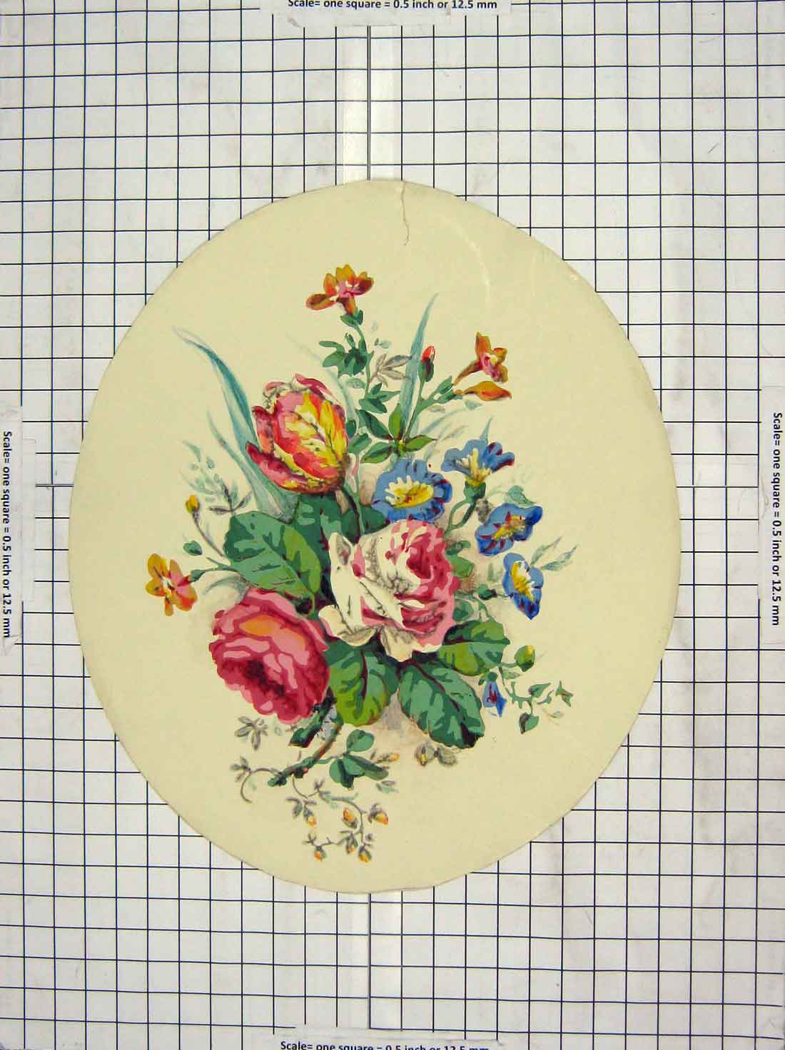 Original Old Antique Print Colour Painting Pink Blue Yellow Flowers