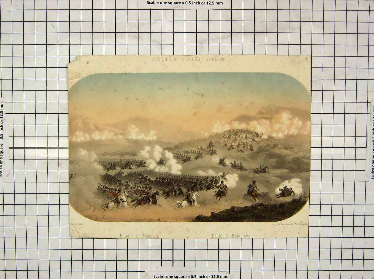 Original Old Antique Print Colour View Battle Balaclava Siers Horses