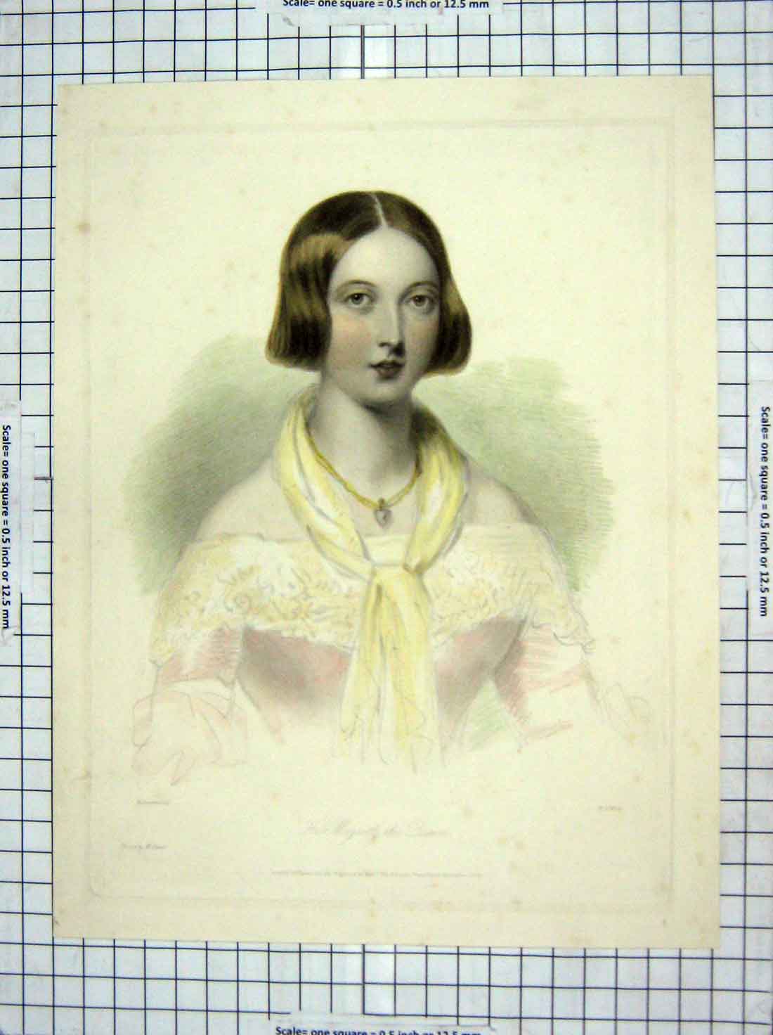 Original Old Antique Print Colour Portrait Her Majesty Queen Mote Drummond