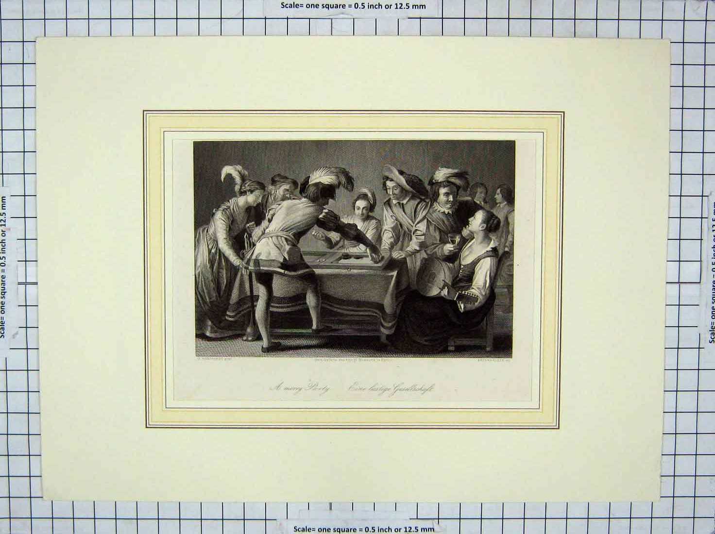 Original Old Antique Print Scene Merry Party Men Music Ladies Brennhauser