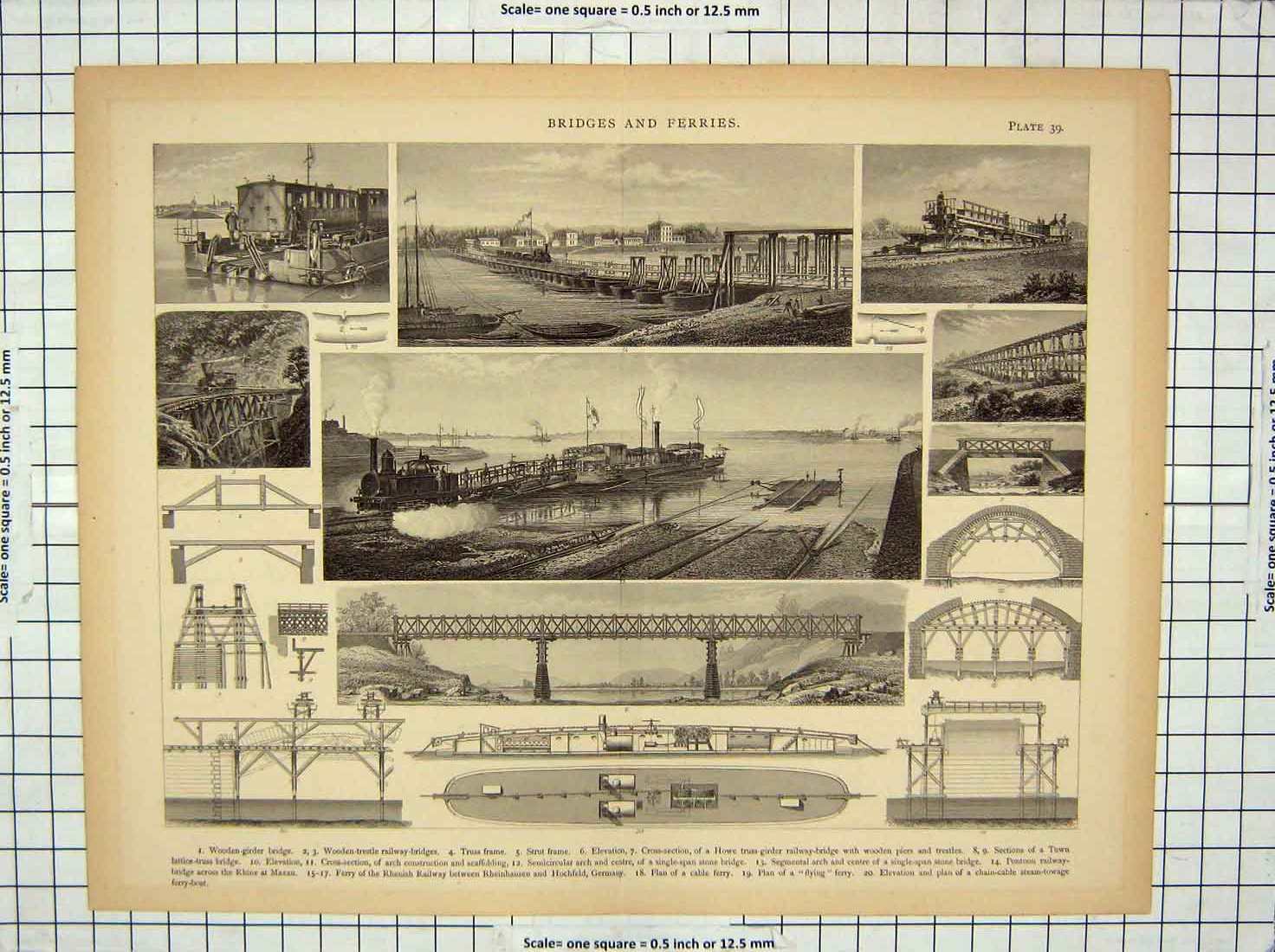 Original Old Antique Print Bridge Ferry Railway Hochfeld Germany Engineering