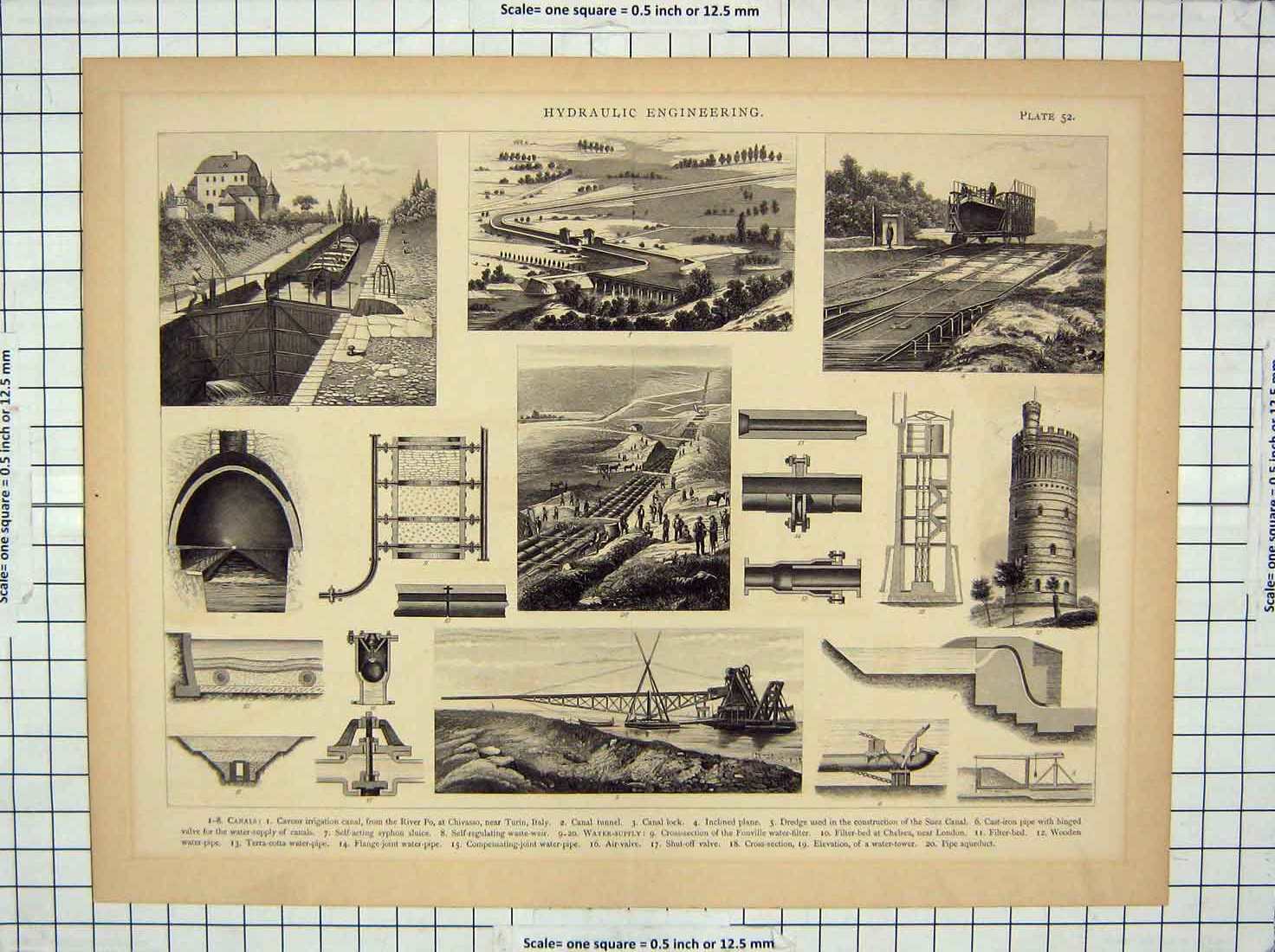 Original Old Antique Print Hydraulic Engineering Canal Lock Tunnel Dredge Suez