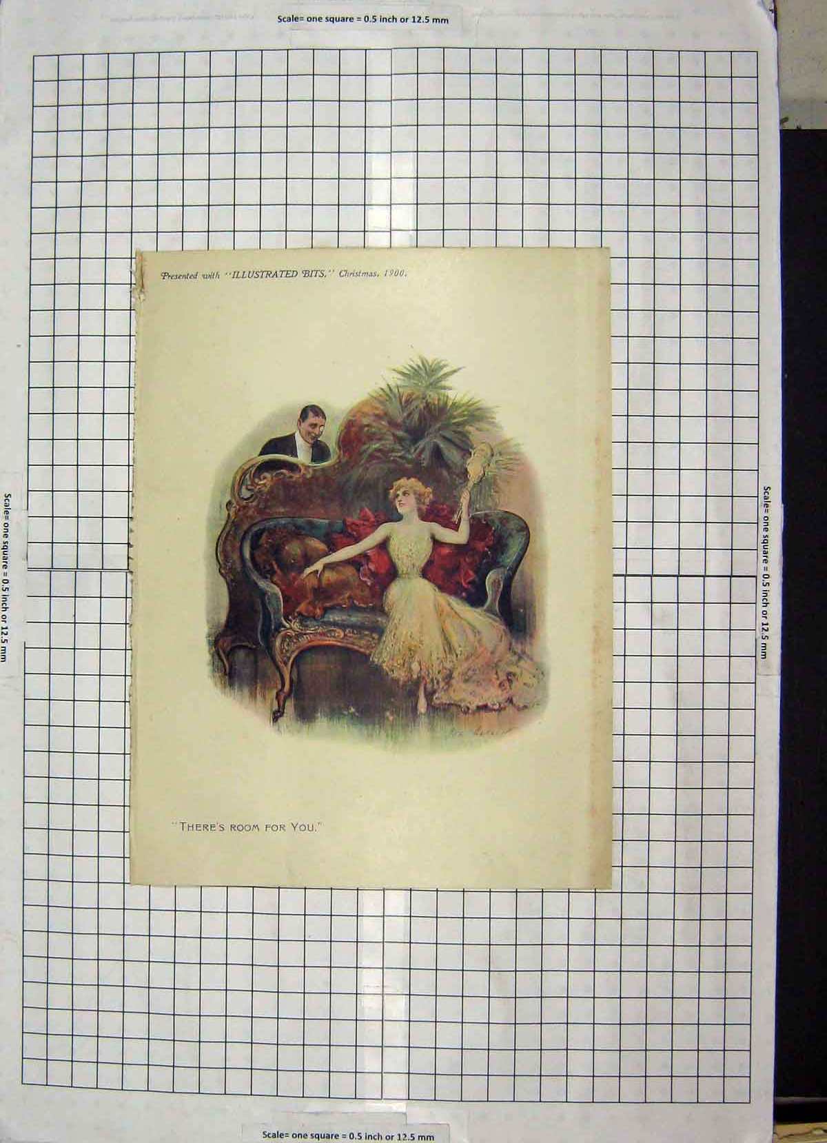 Original Old Antique Print 1900 Colour Romance Man Woman Chair 20th