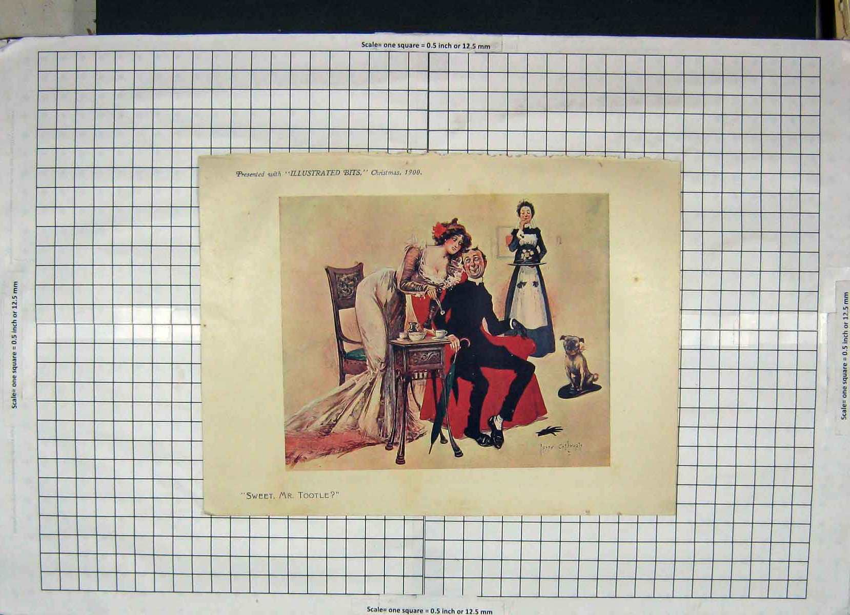 Original Old Antique Print 1900 Sweet Mr Tootle Man Vicar Lady Tea Maid 20th