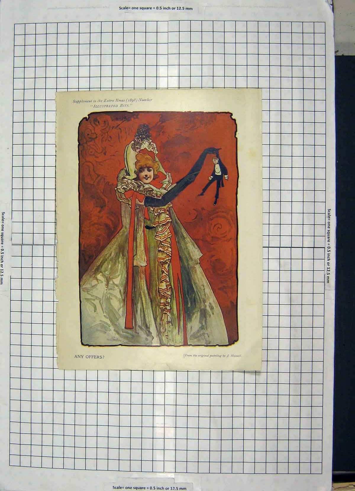Original Old Antique Print 1898 Colour Lady Small Man Hassall 19th