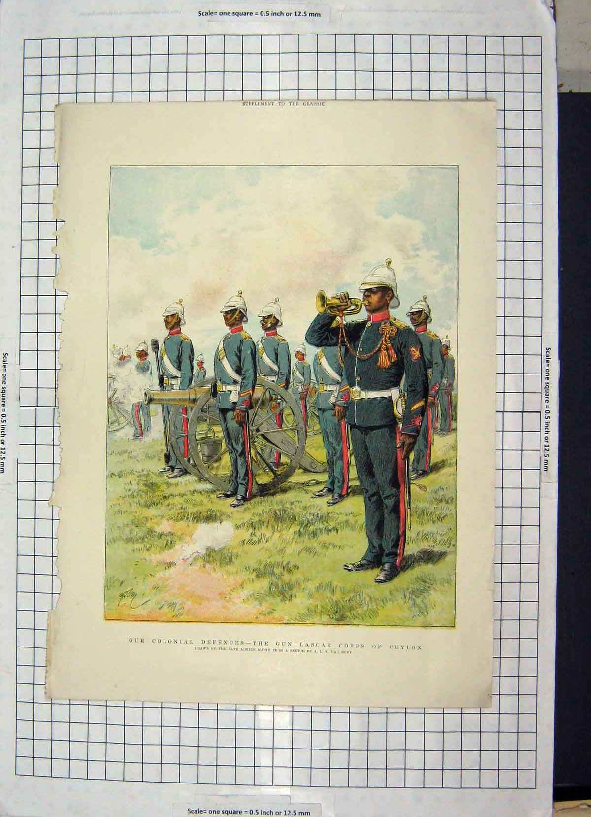 Original Old Antique Print Gun Lascar Corps Ceylon Siers Colonial Defences