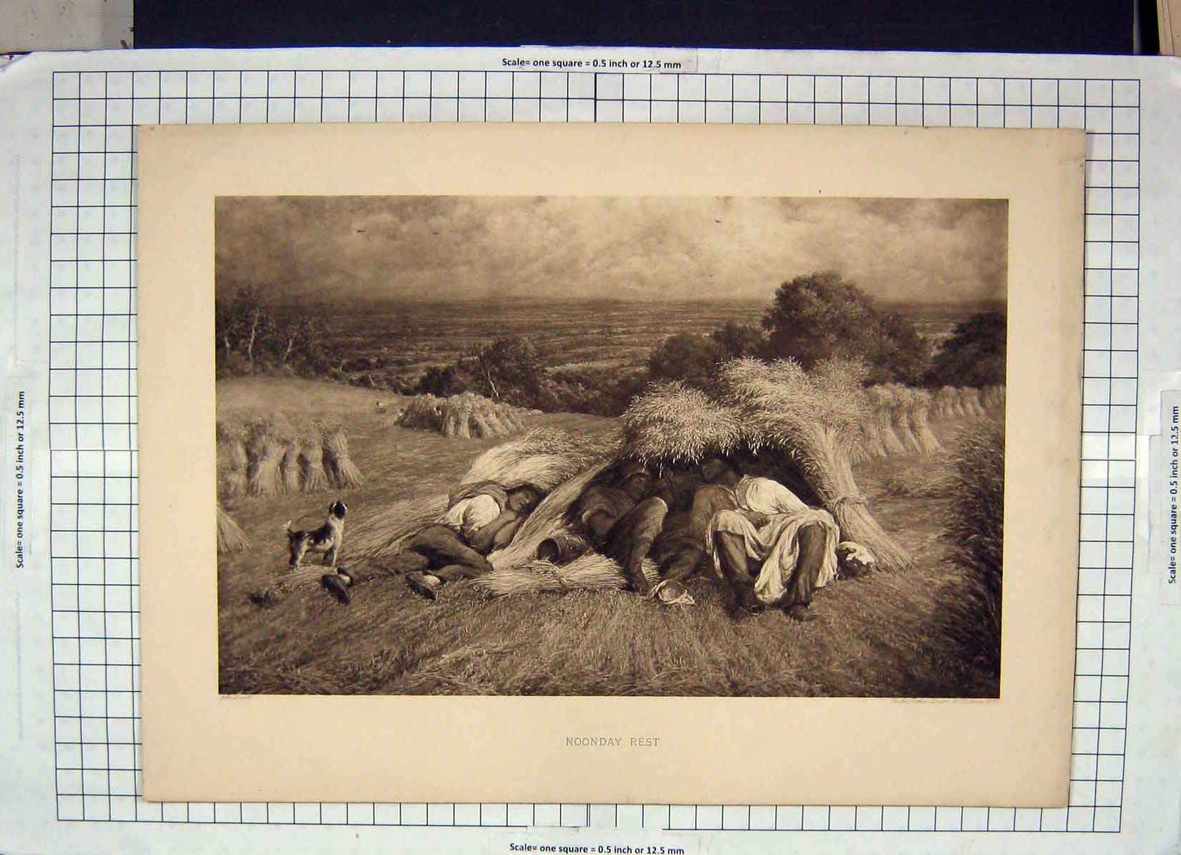 Original Old Antique Print Noon Day Rest Farming Haymaking Field