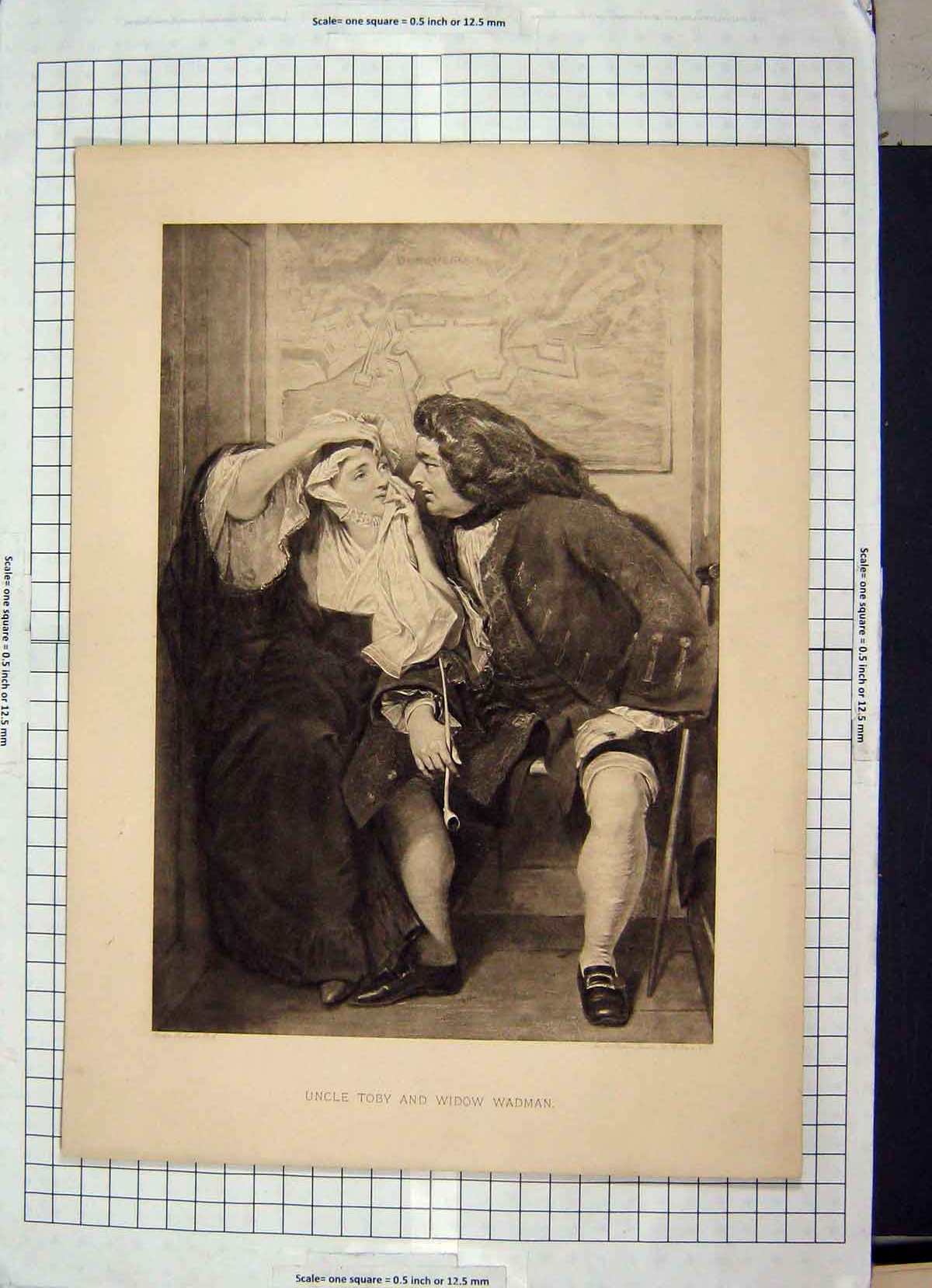 Original Old Antique Print Uncle Toby Widow Wadman Man Woman