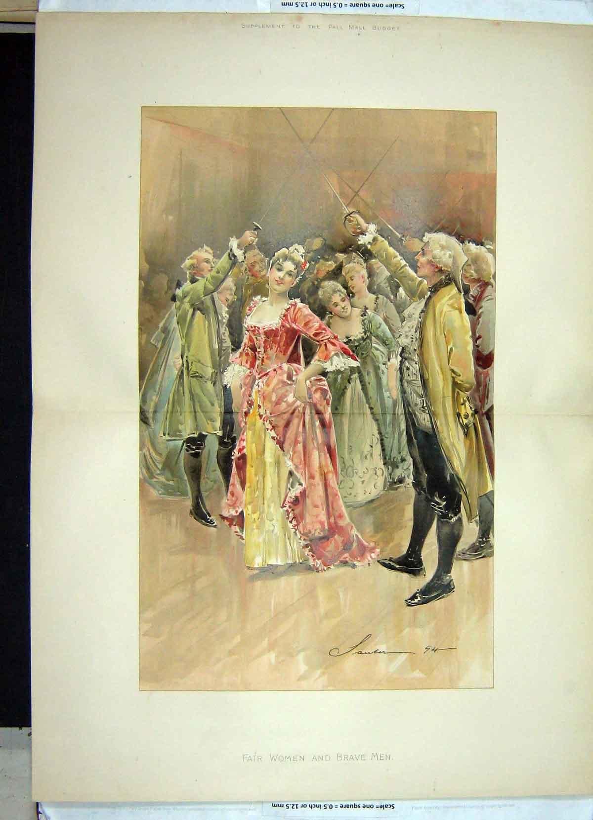Original Old Antique Print Colour Fair Women Brave Men Dancing
