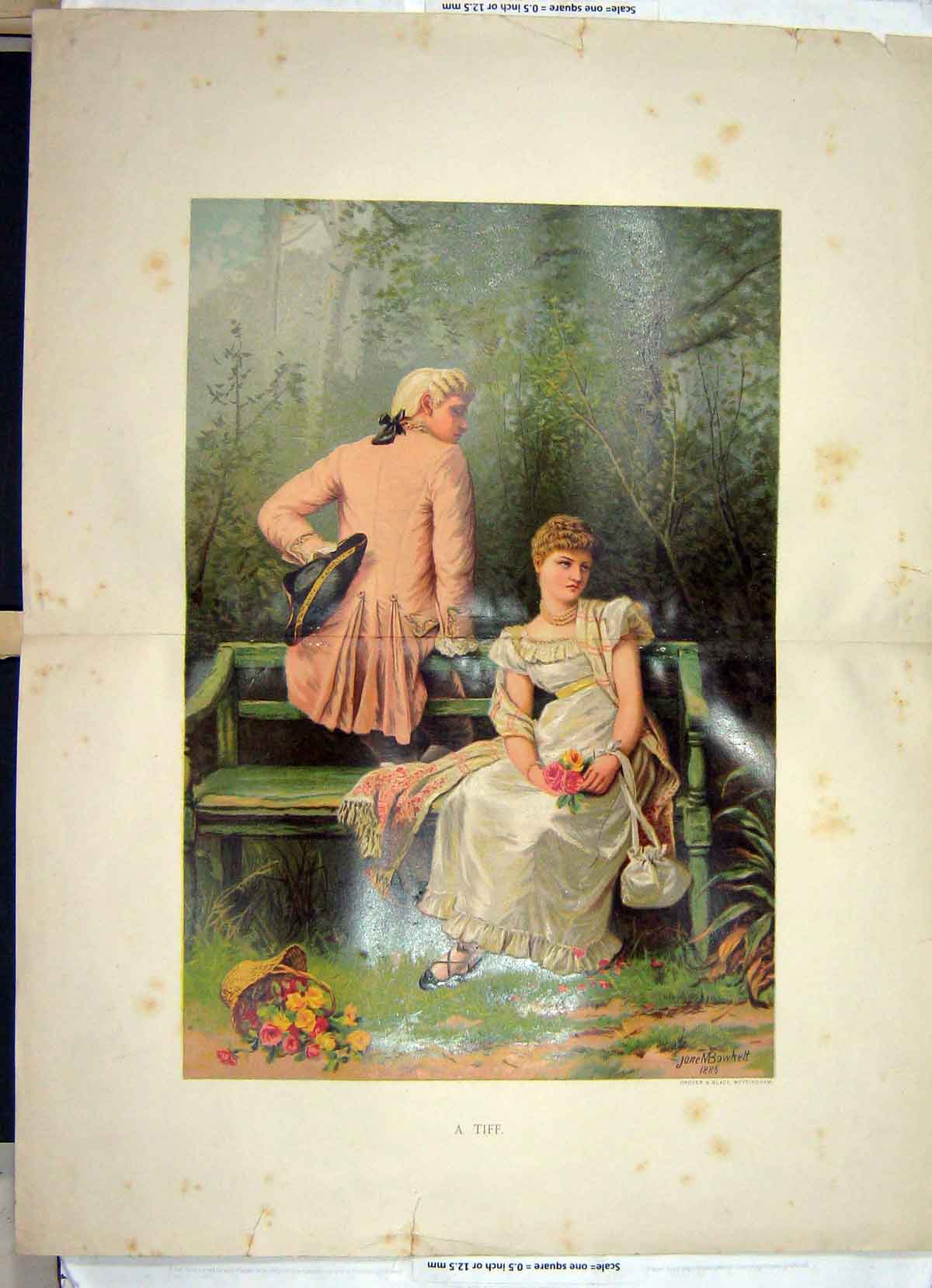 Original Old Antique Print Colour Tiff Man Lady Romance 1886 19th