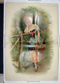Original Old Antique Print Colour 1892 Lady Waiting Flowers Basket Victorian