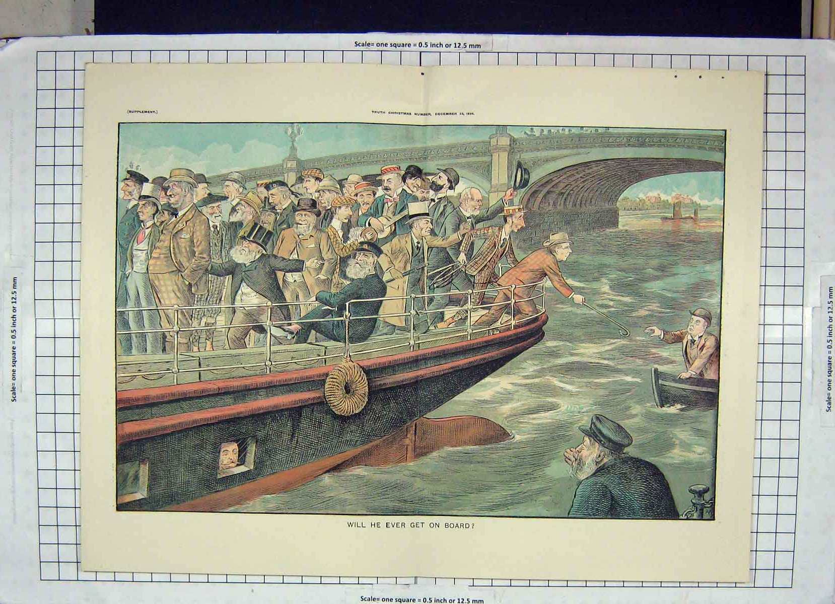 Original Old Antique Print Colour 1894 River Scene Boats Rescue 19th