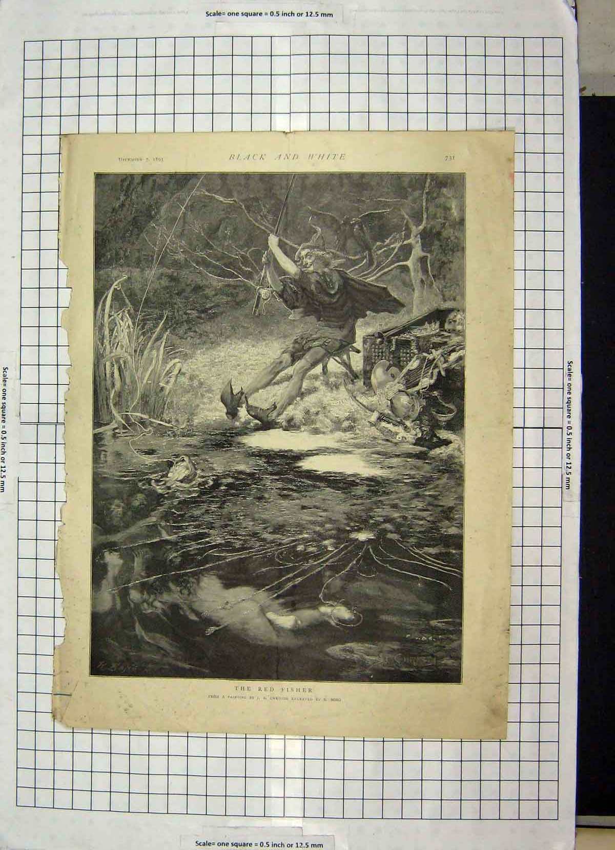 Original Old Antique Print 1895 Red Fisher Man Engraving Christie Victorian