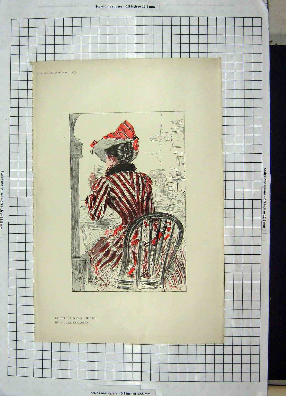 Original Old Antique Print Colour 1895 Doubtful News Sketch Goodman Victorian