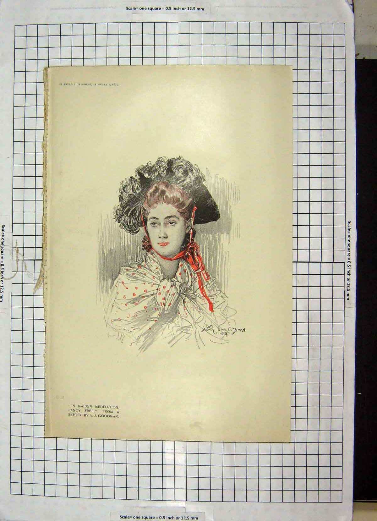 Original Old Antique Print Colour Maiden Meditation Fancy Free Lady