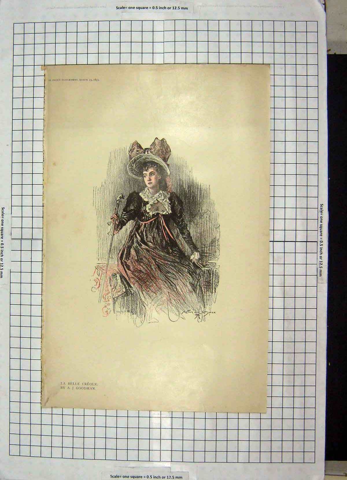 Original Old Antique Print Colour La Belle Creole Lady Goodman