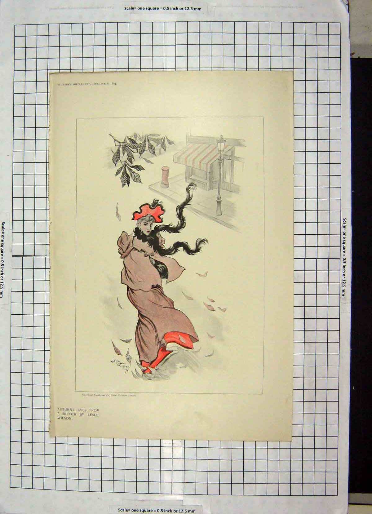 Original Old Antique Print Colour Autumn Leaves Lady Coat Wilson 18th Century