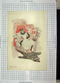 Original Old Antique Print Colour Coquette Lady Bear Rug 18th Century