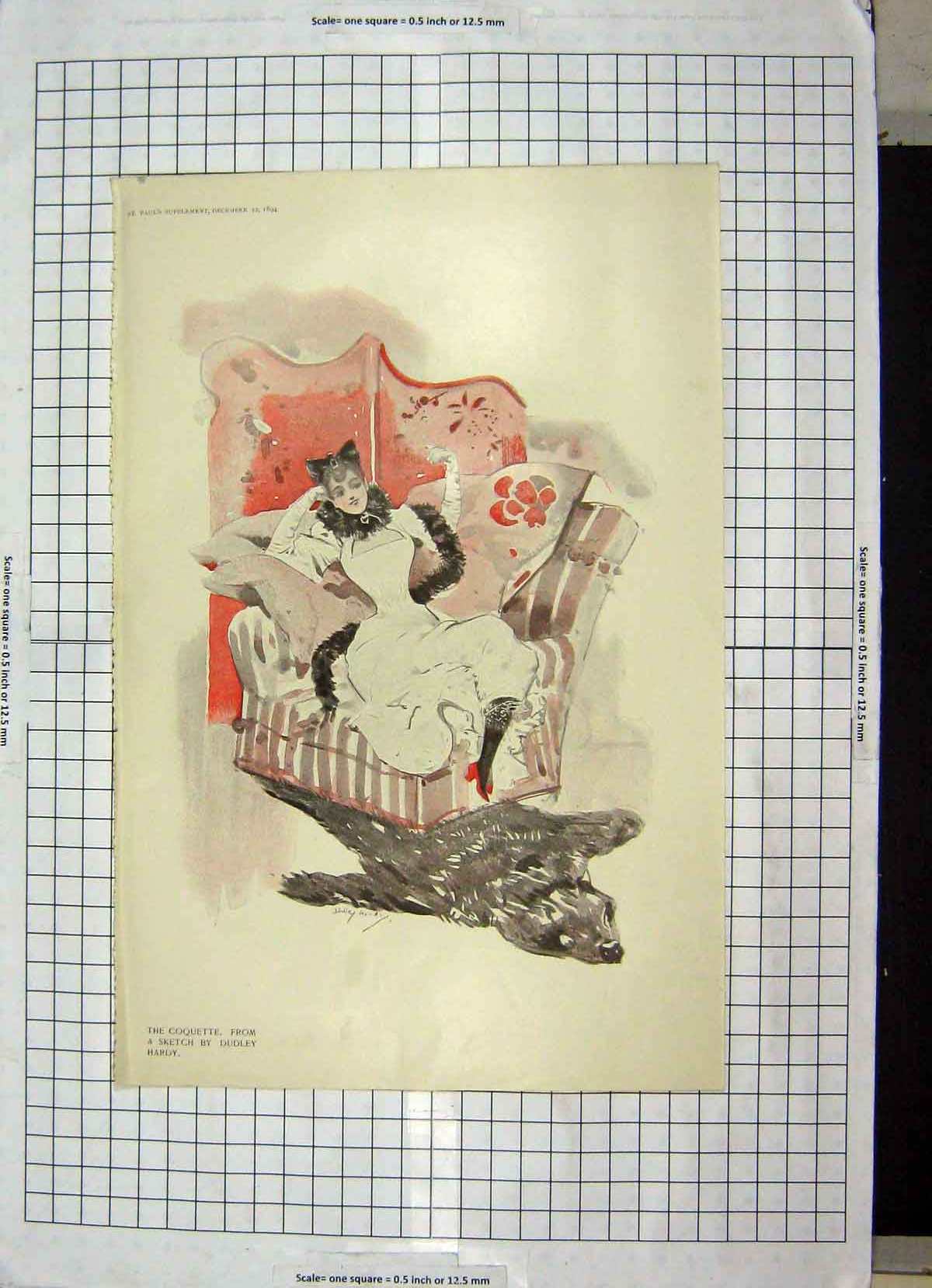 Original Old Antique Print Colour Coquette Lady Bear Rug 18th Century