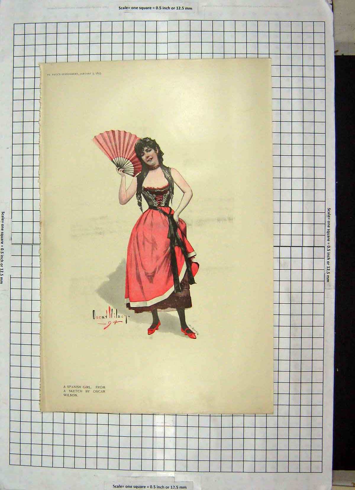 Original Old Antique Print Colour Spanish Girl Lady Oscar Wilson 18th Century