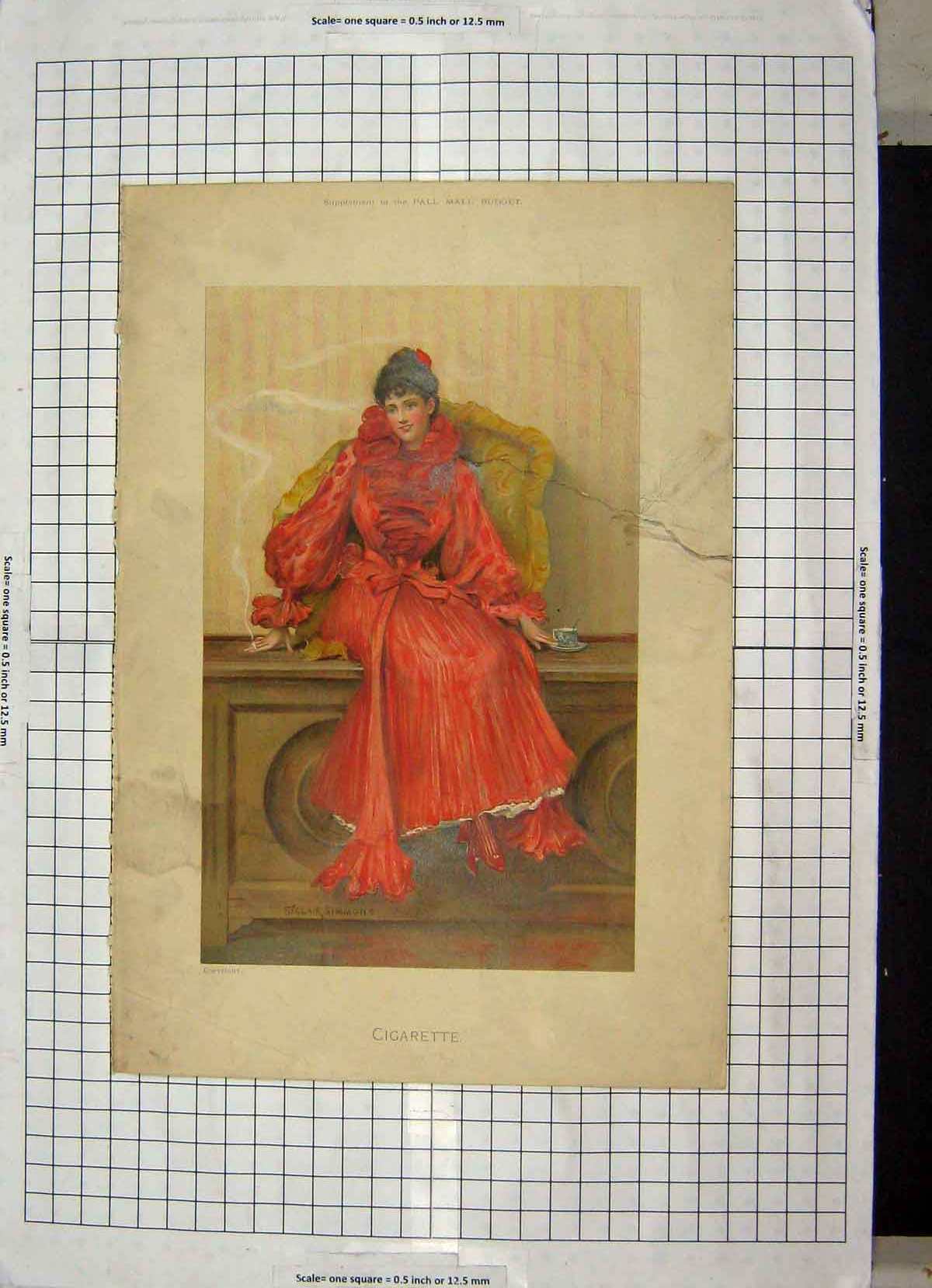 Original Old Antique Print Colour Lady Cigarette Smoking Simmons 19th