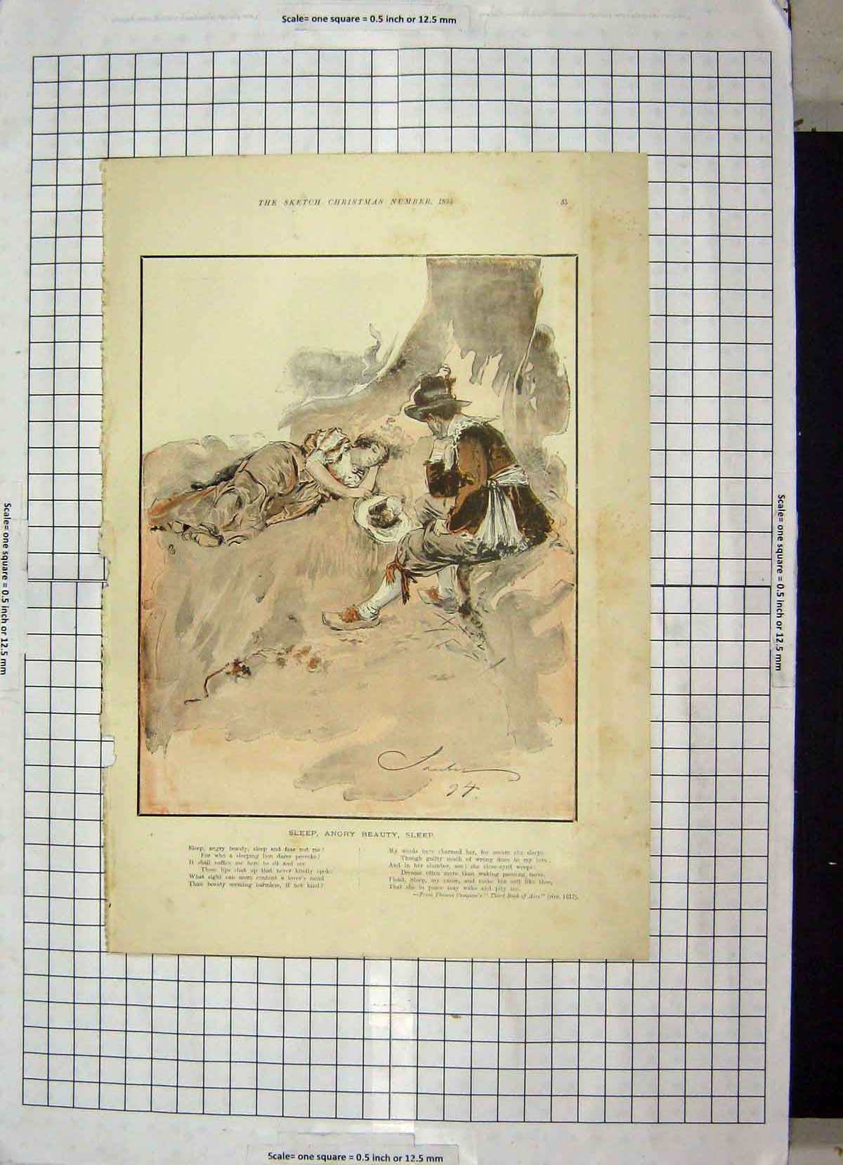 Original Old Antique Print Colour 1894 Sleep Lady Man Romance 19th