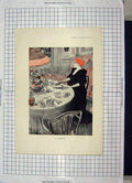 Original Old Antique Print Colour Lady Dinner Table Clown Man 20th Century