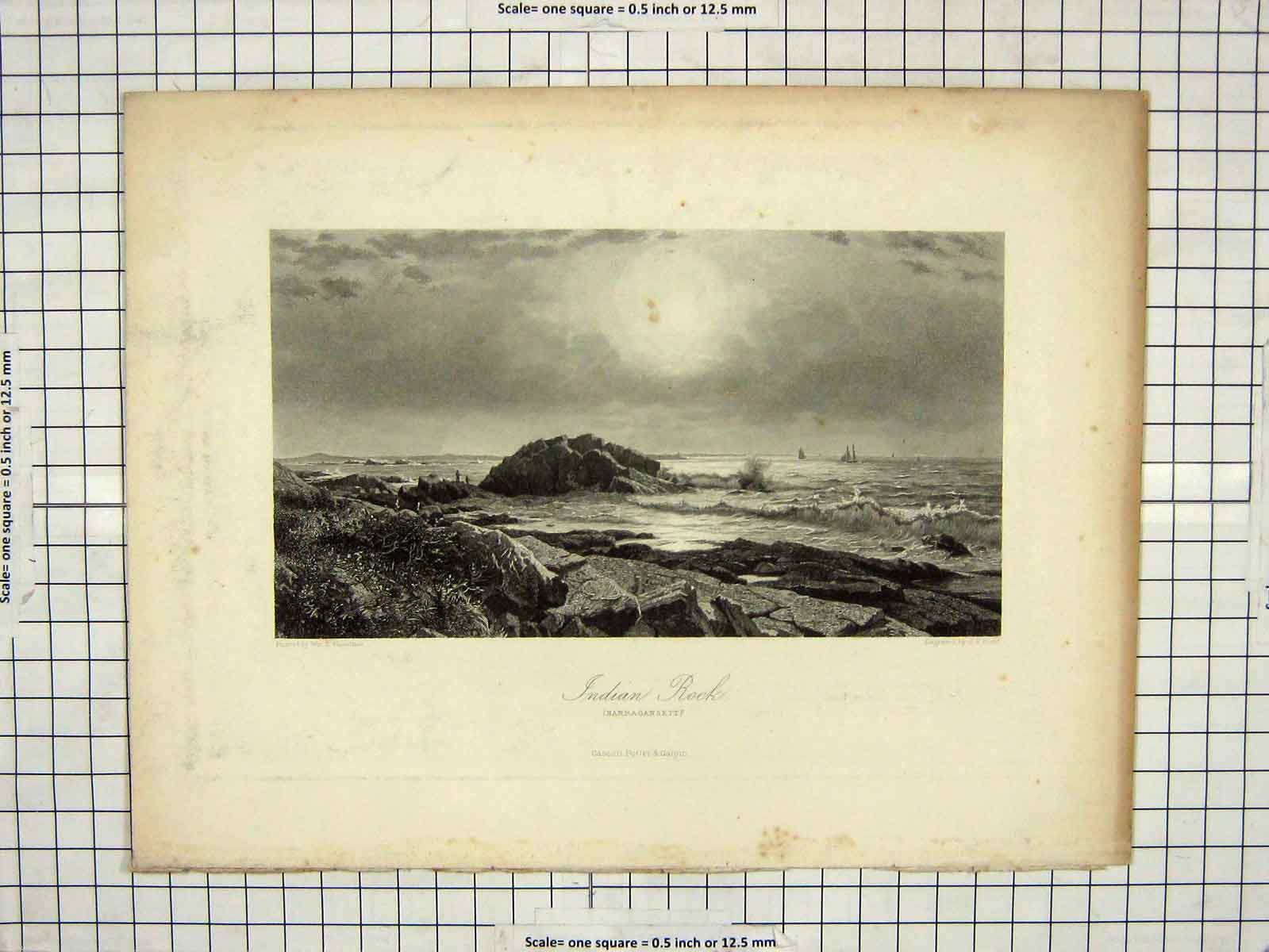 Original Old Antique Print Indian Rock Narragansett Haseltine Hunt Engraving