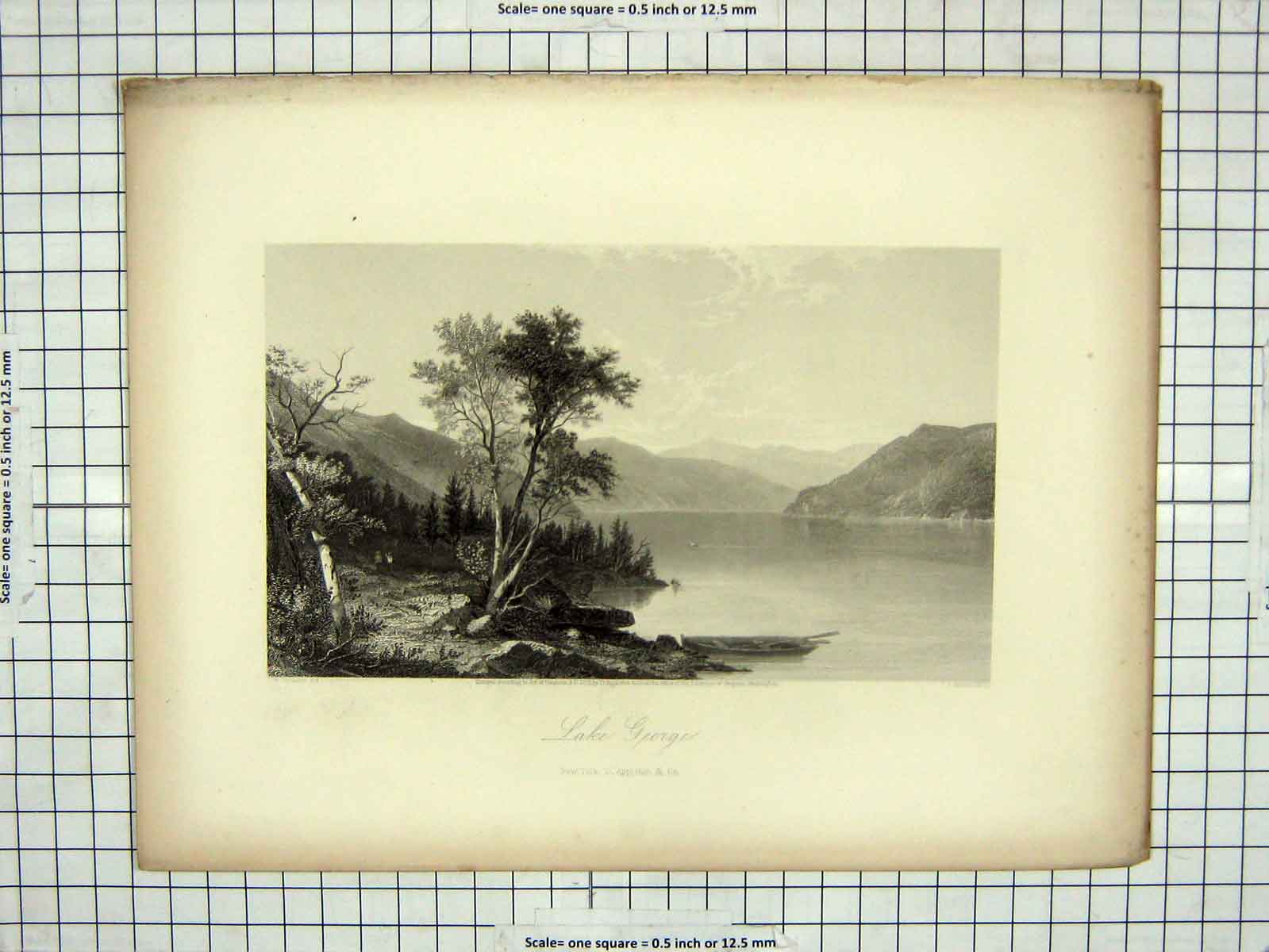 Original Old Antique Print View Lake George Mountains Trees Engraving