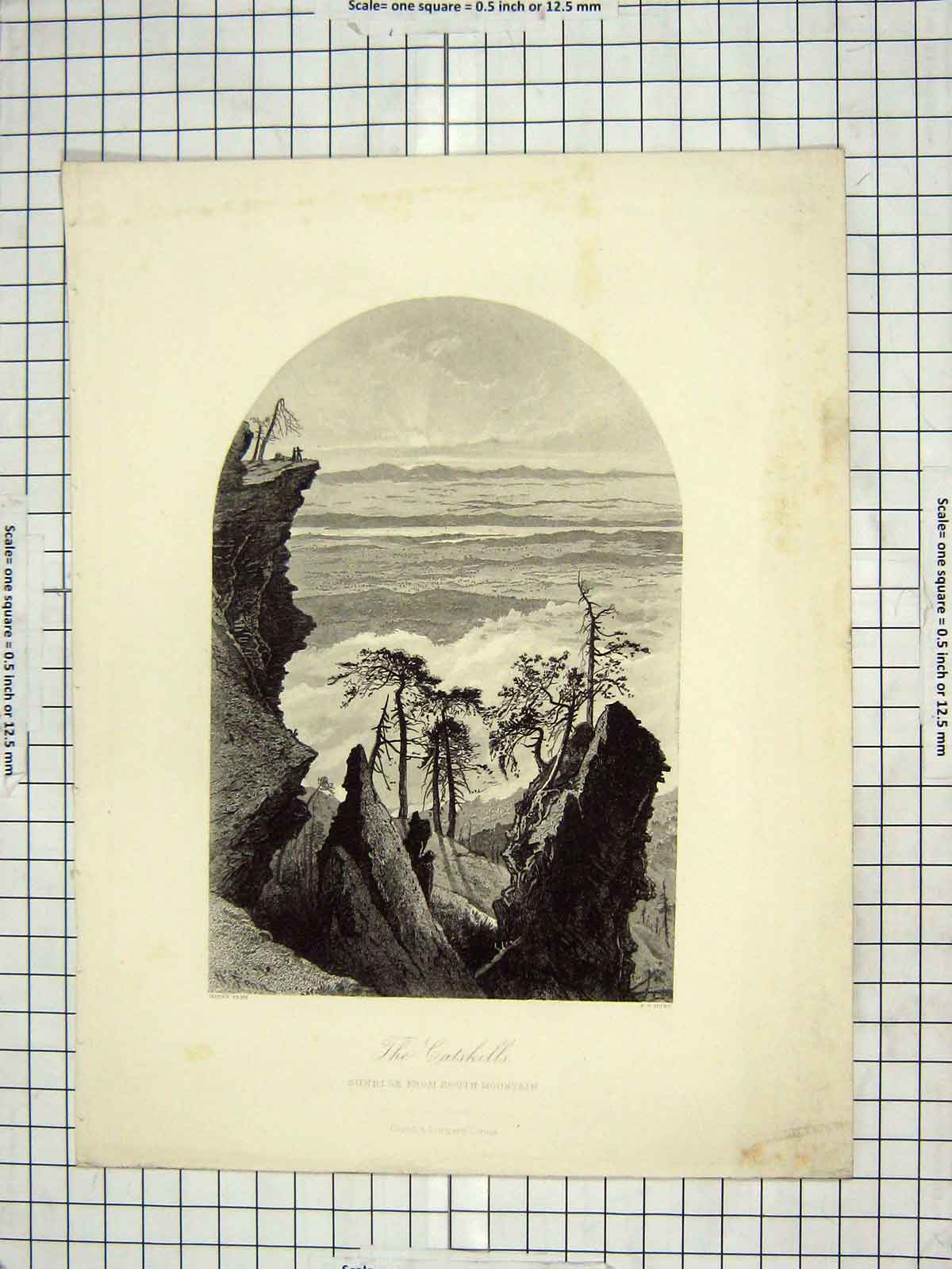 Original Old Antique Print View Catskills Cliffs Mountains Hunt Fenn Engraving