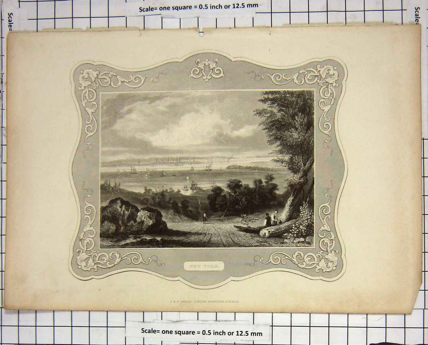 Original Old Antique Print New York America Ships Engraving Tallis