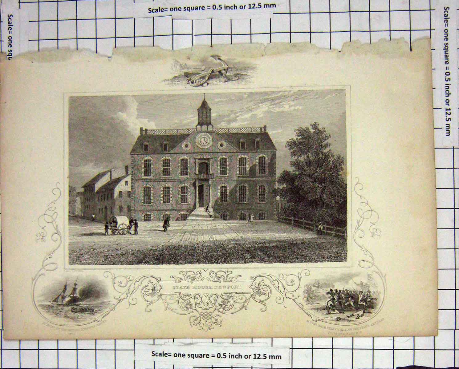 Original Old Antique Print State House Newport England Architecture Engraving