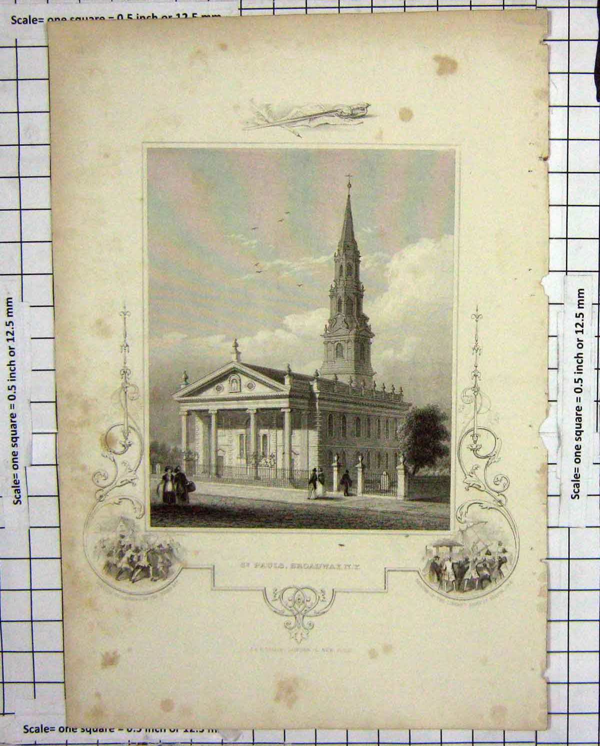 Original Old Antique Print St. Pauls Broadway America Architecture Engraving