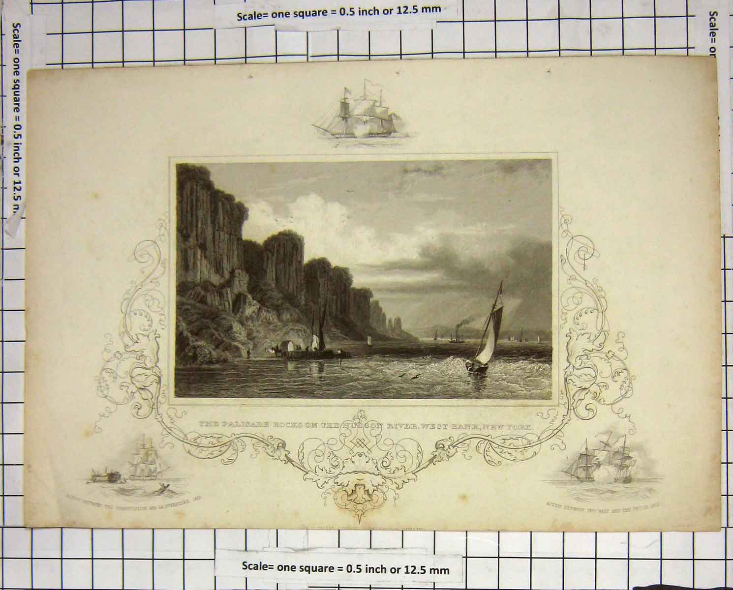 Antique Old Print *975 Palisade Rocks Hudson River West Bank New York America