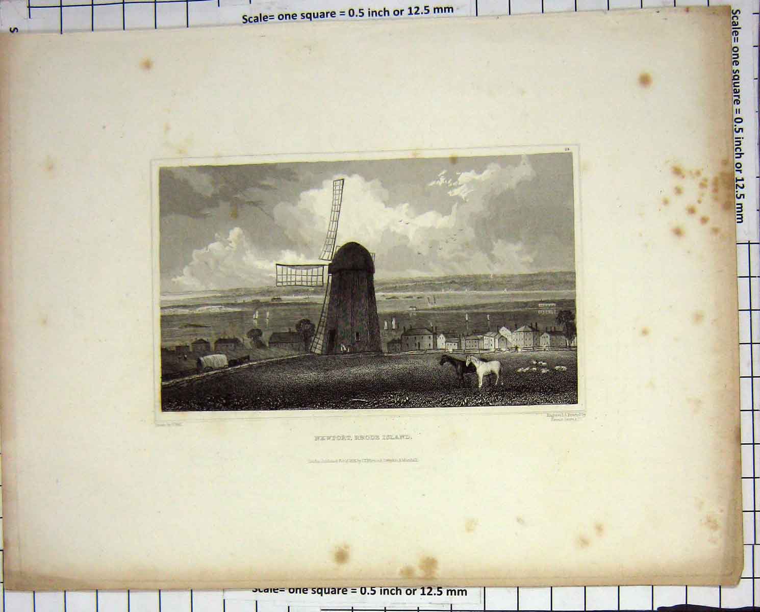 Original Old Antique Print Newport Rhode Island Windmill Wall Fenner Engraving