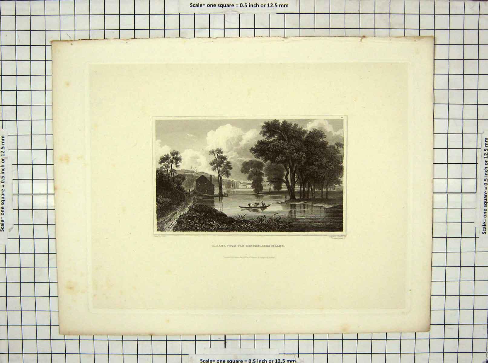 Original Old Antique Print View Albany Van Rennselaer Island Wall Engraving