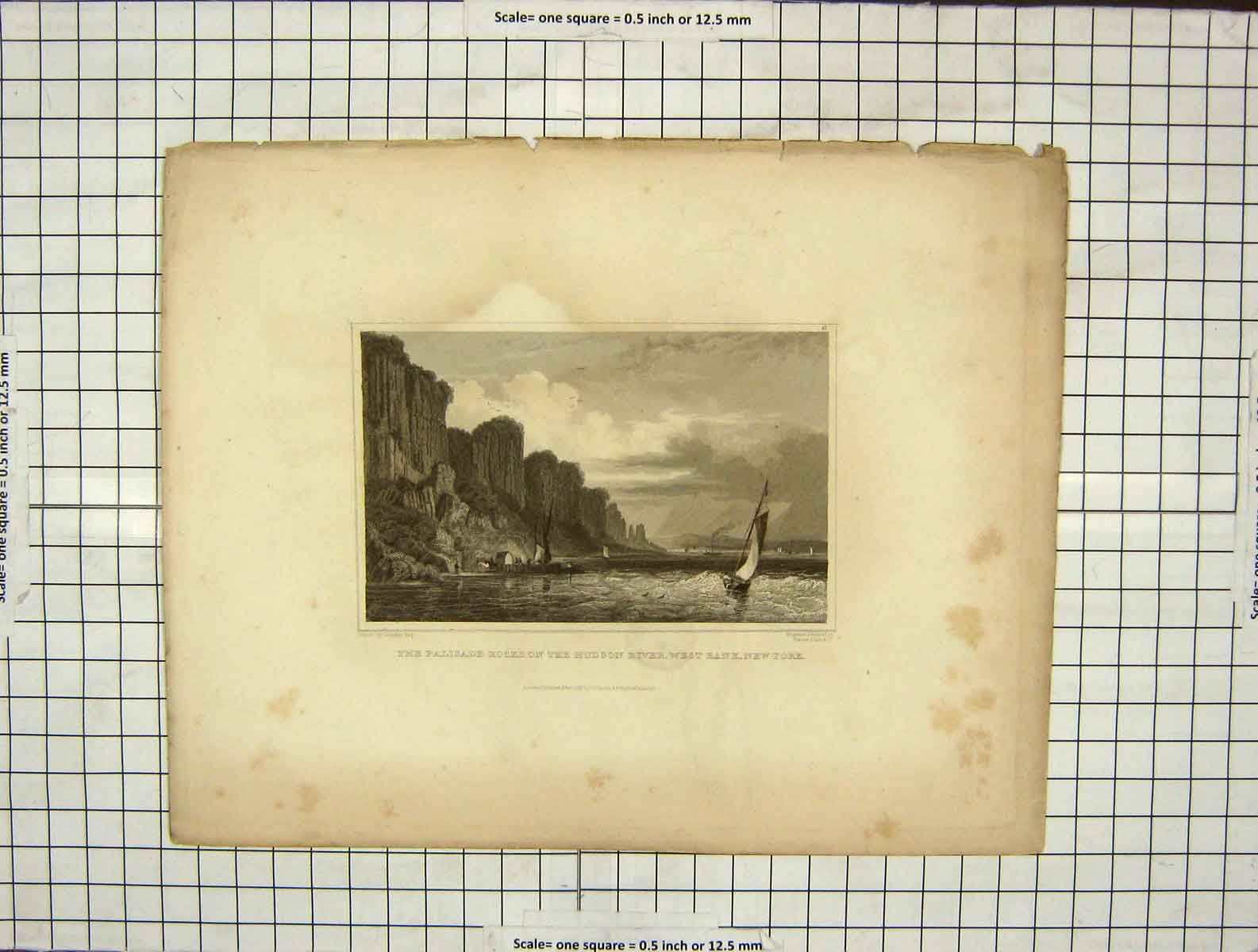 Old Antique Print Palisade Rocks Hudson River West Bank New York America