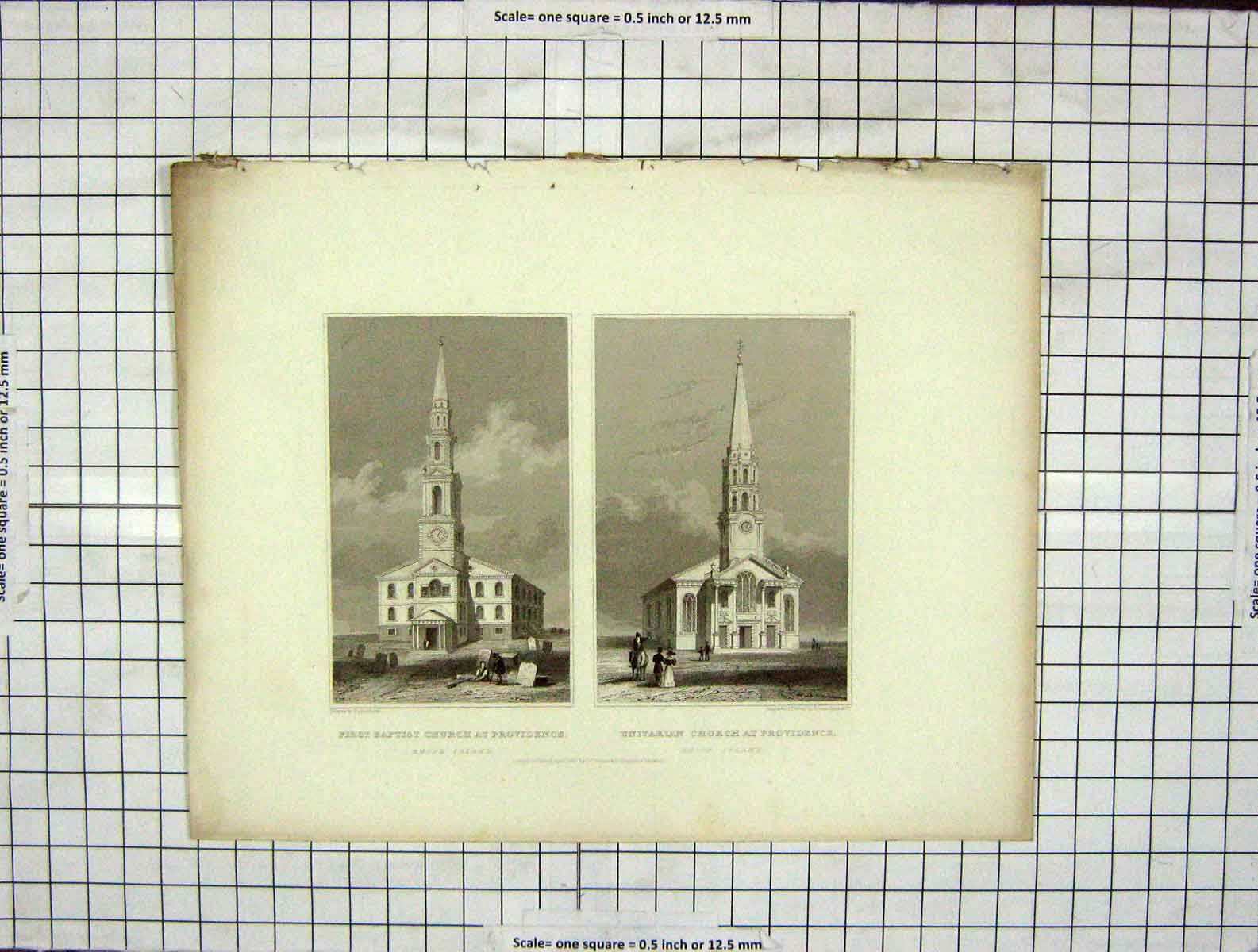 Original Old Antique Print Baptist Church Providence Rhode Island Unitarian