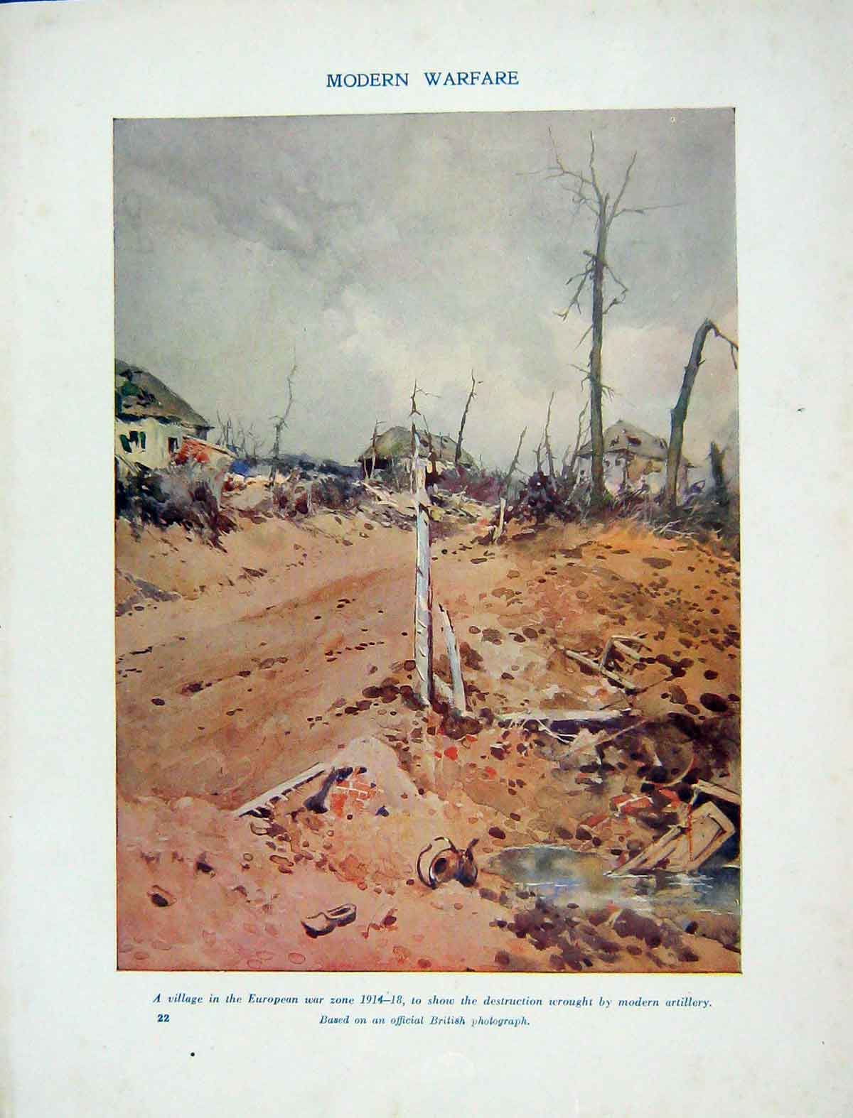 Original Old Antique Print Modern Warfare Village Destruction Colour