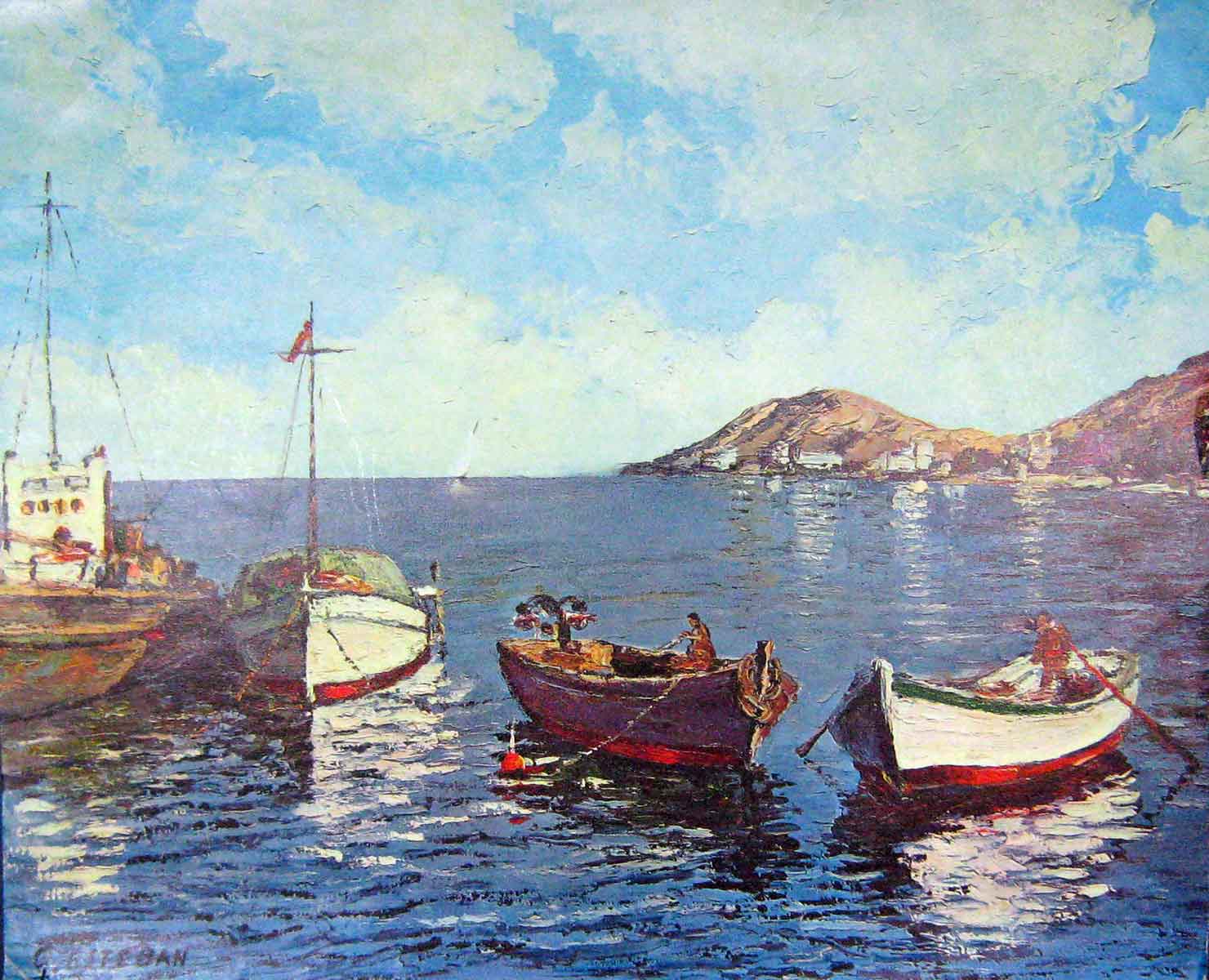 Original Old Antique Print Colour Esteban Fishing Boats Sea