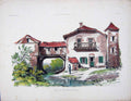 Original Old Antique Print Colour House Man Fishing River