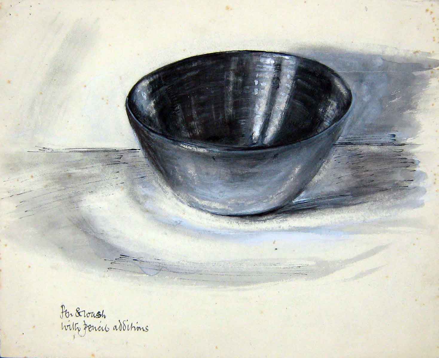 Original Old Antique Print Colour Grey Bowl Pencil Additions