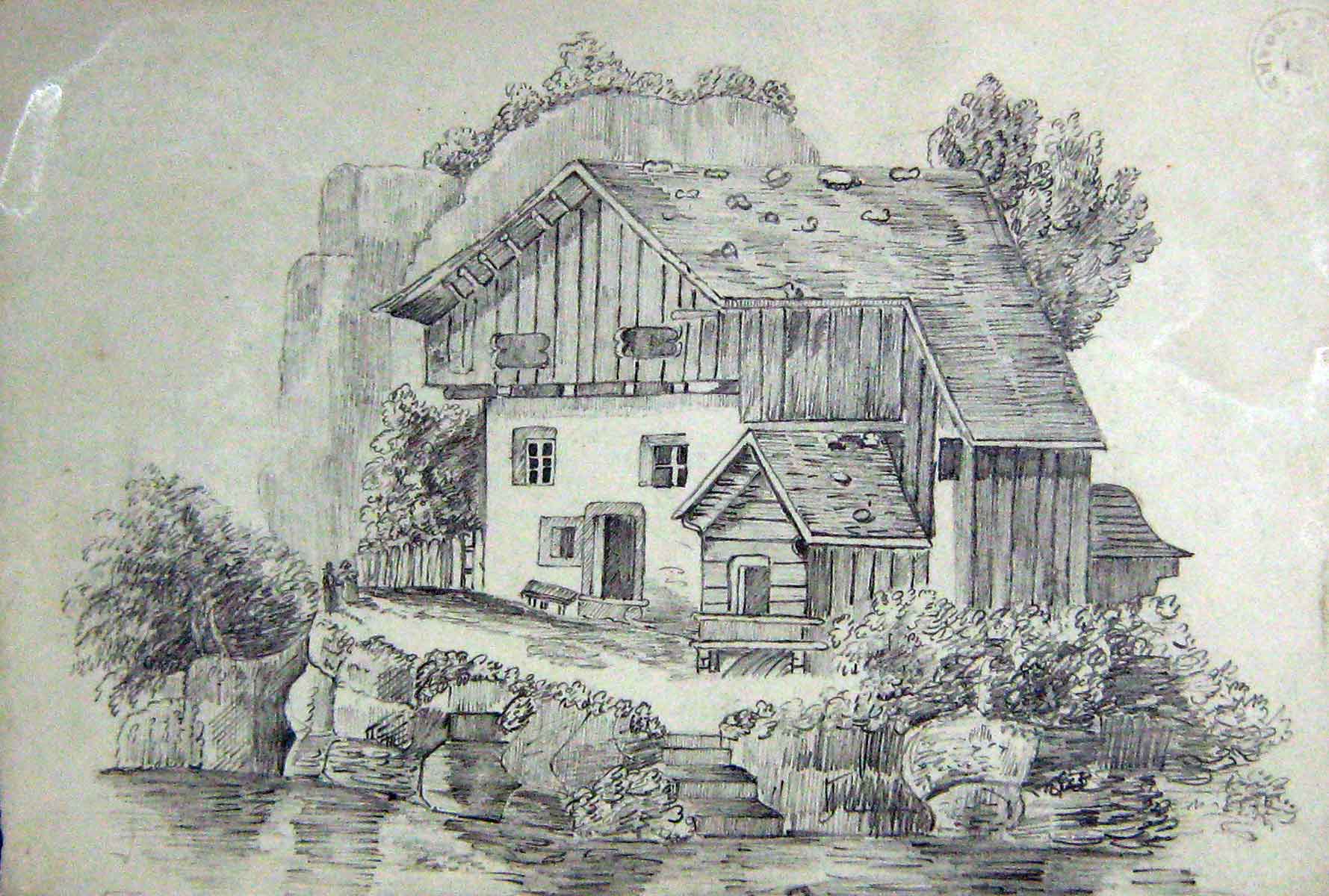 Old Antique Print 1849 Henry Hawkes Drawing Riverside House Architecture 19th