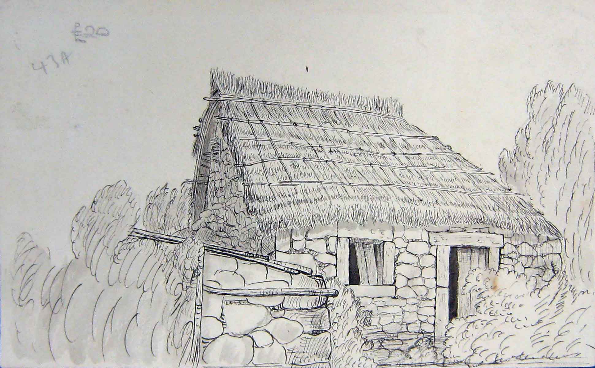 Original Old Antique Print Sketch Farm House Tatched Ro