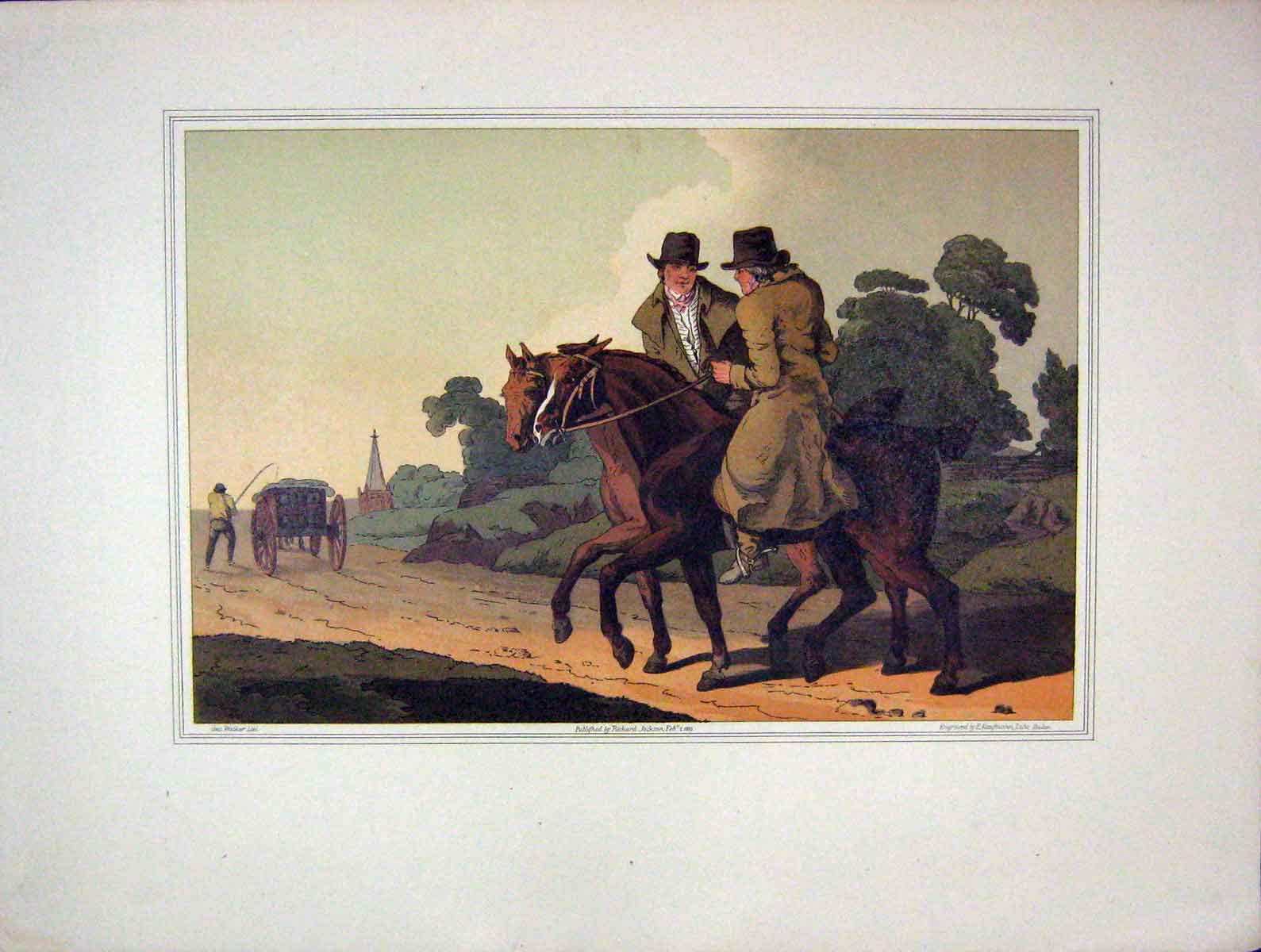 Original Old Antique Print 1885 Colour Men Horses Engraving Walker Baden 19th