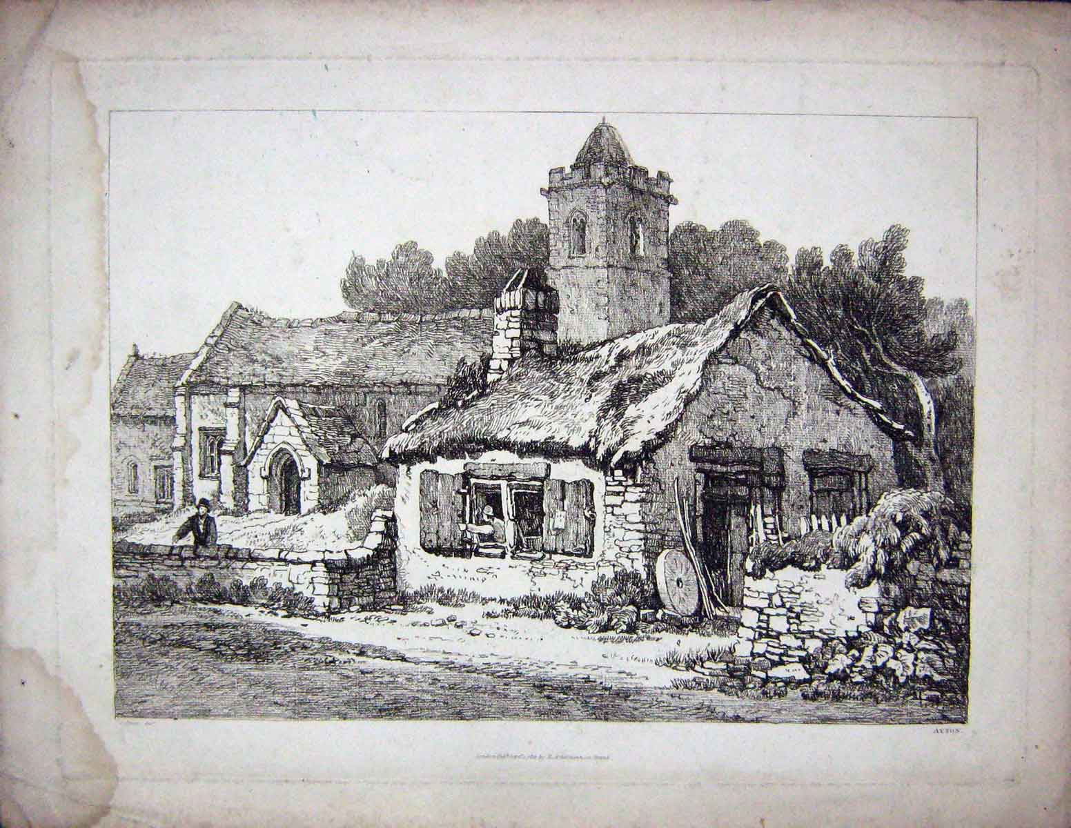 Original Old Antique Print 1821 Prout House Church Architecture 19th Century