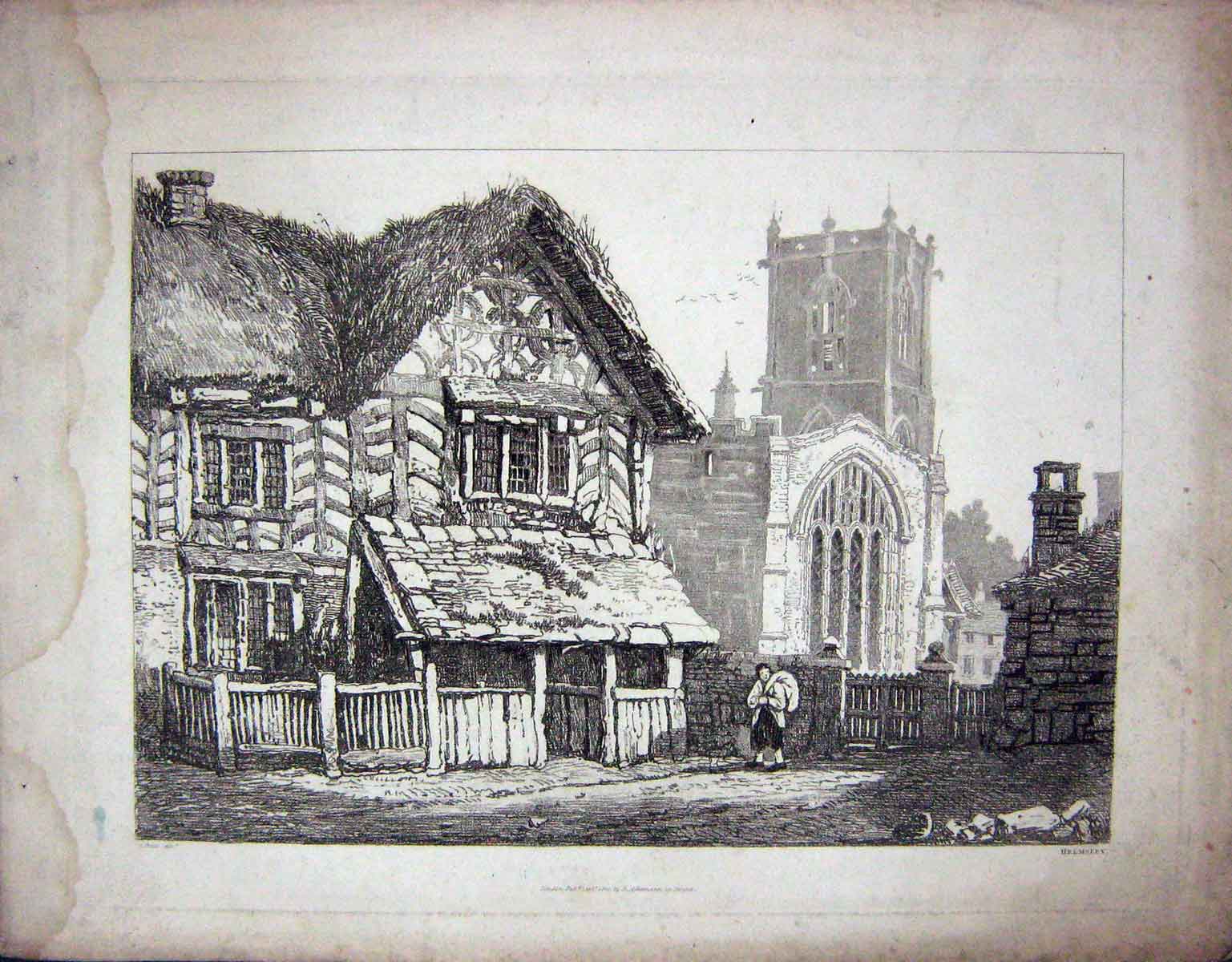 Original Old Antique Print 1821 Prout Architecture Church House 19th Century