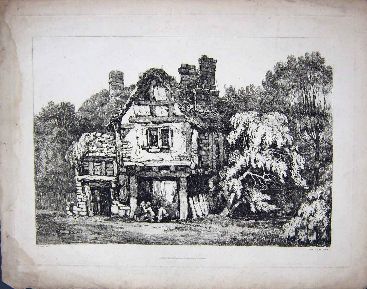 Original Old Antique Print 1821 Prout Family Home House Ashbourn 19th Century
